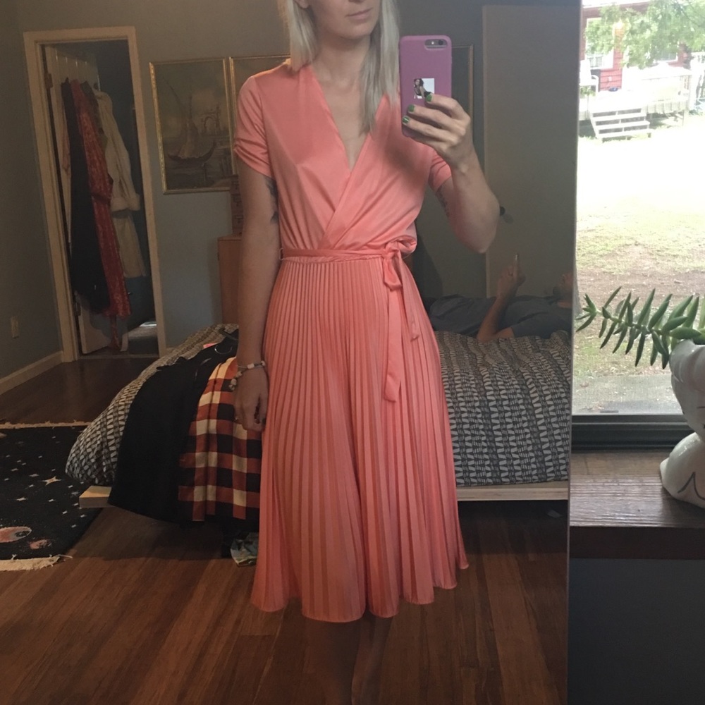1970s Peach Polyester Faux Wrap Dress